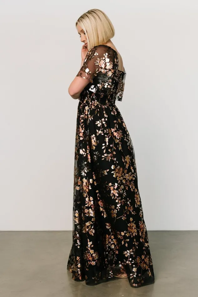 Women Embellished Sequin Baltic Born Cassandra Tulle Maxi Dress Black Blossom