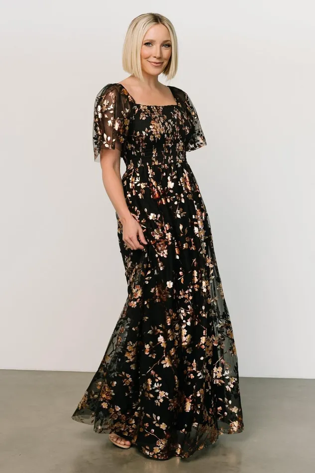 Women Embellished Sequin Baltic Born Cassandra Tulle Maxi Dress Black Blossom