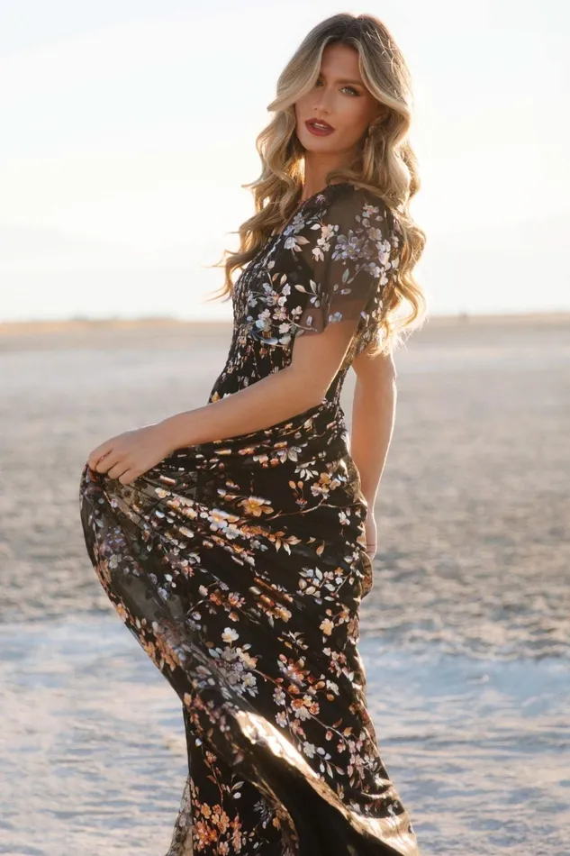 Women Embellished Sequin Baltic Born Cassandra Tulle Maxi Dress Black Blossom