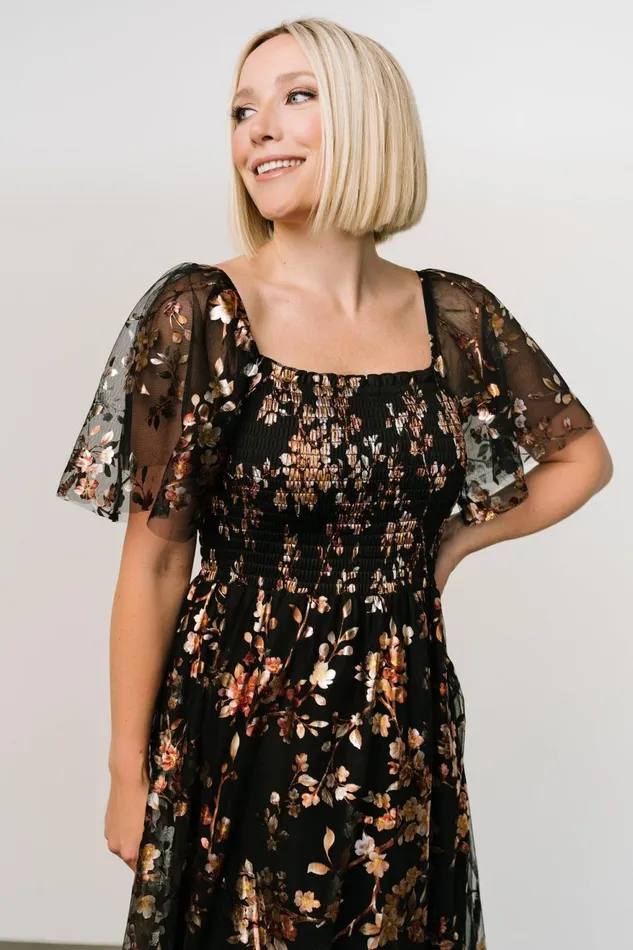 Women Embellished Sequin Baltic Born Cassandra Tulle Maxi Dress Black Blossom