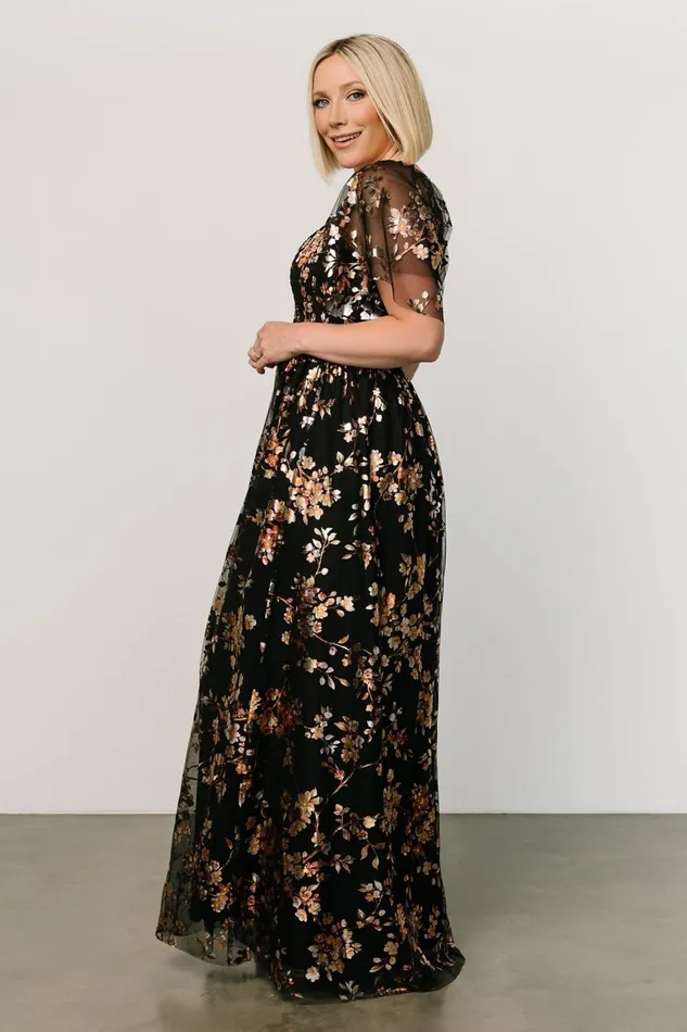 Women Embellished Sequin Baltic Born Cassandra Tulle Maxi Dress Black Blossom