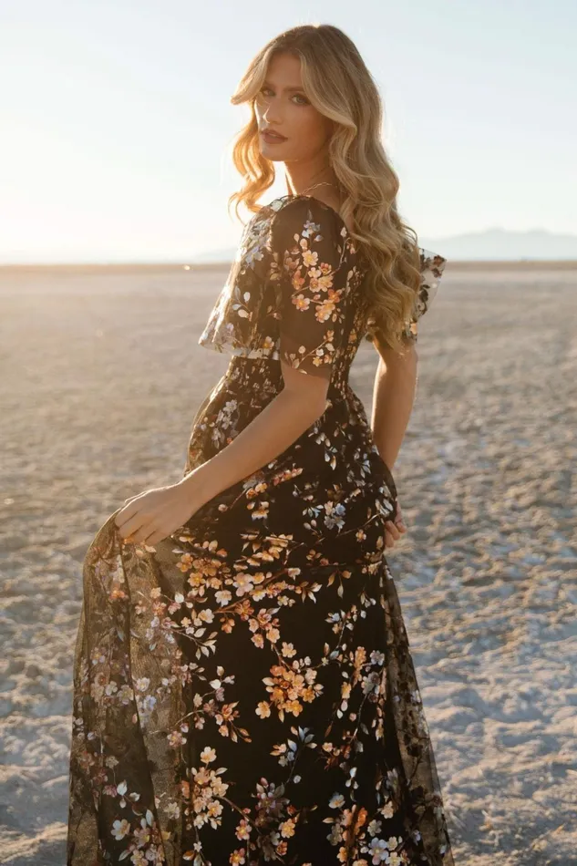 Women Embellished Sequin Baltic Born Cassandra Tulle Maxi Dress Black Blossom