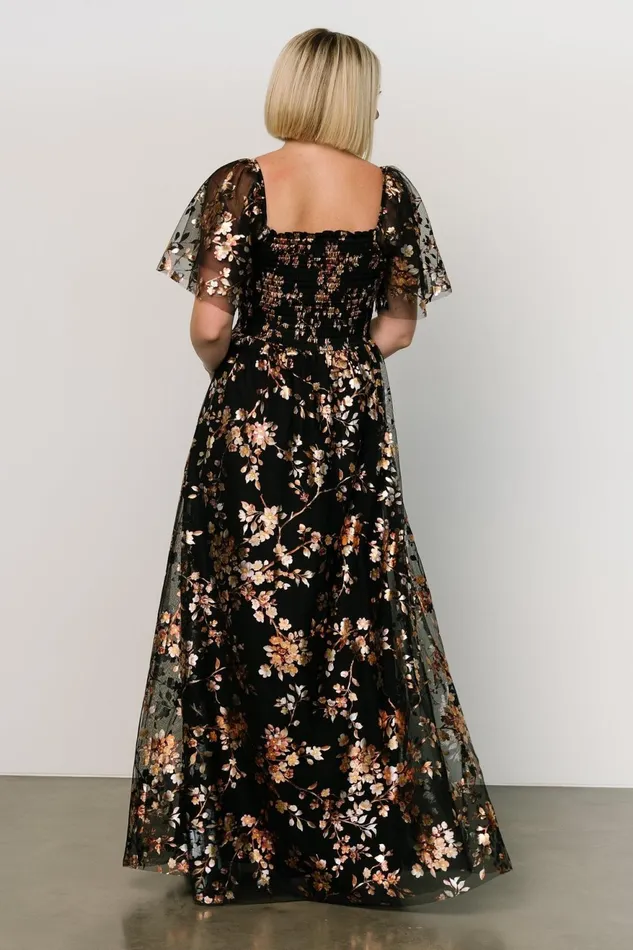 Women Embellished Sequin Baltic Born Cassandra Tulle Maxi Dress Black Blossom