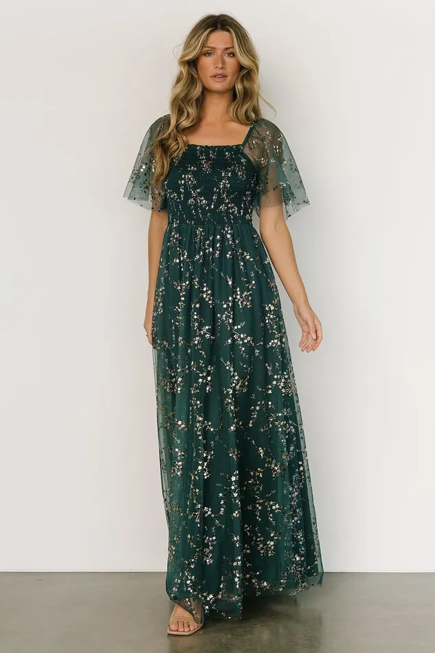 Women Embellished Sequin Baltic Born Cassandra Tulle Maxi Dress Green Gold