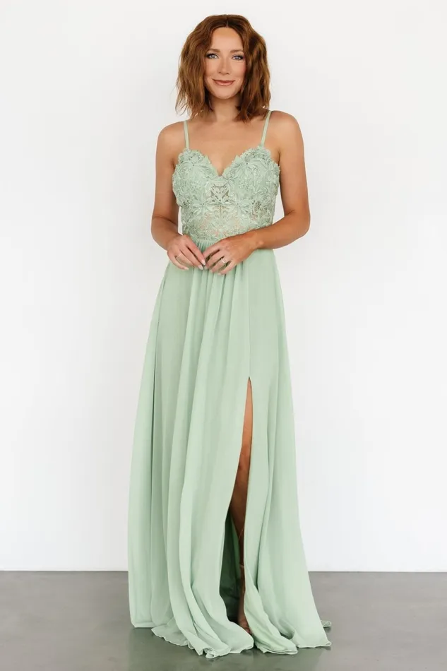 Women Embellished Sequin Baltic Born Samantha Lace Top Gown Sage