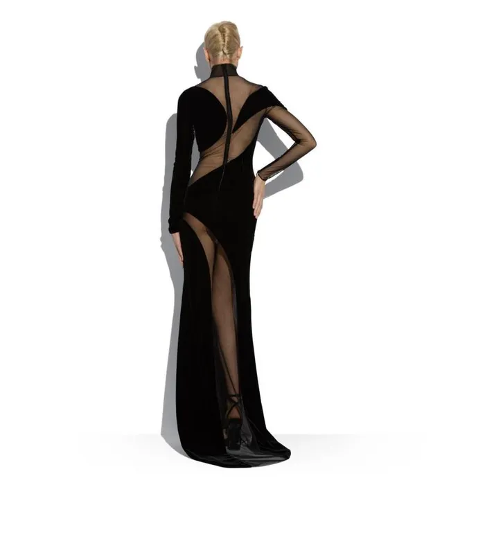 Women Evening Tom Ford Viscose Velvet Long Sleeve Evening Dress Black Women Evening Tom Ford Viscose Velvet Long Sleeve Evening Dress Black