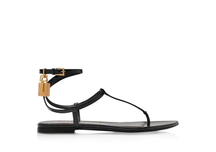 Women Flats Tom Ford Shiny Leather Padlock Thong Sandal Black