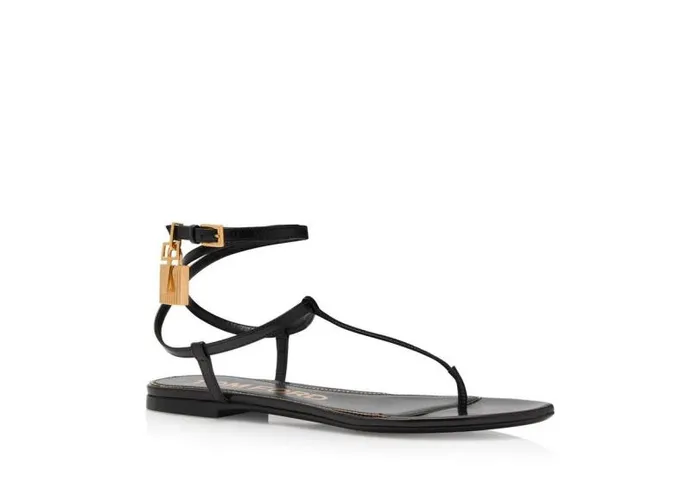 Women Flats Tom Ford Shiny Leather Padlock Thong Sandal Black