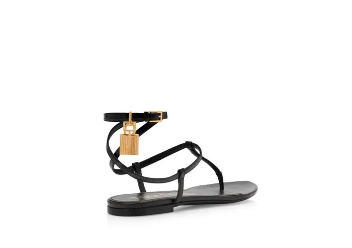 Women Flats Tom Ford Shiny Leather Padlock Thong Sandal Black