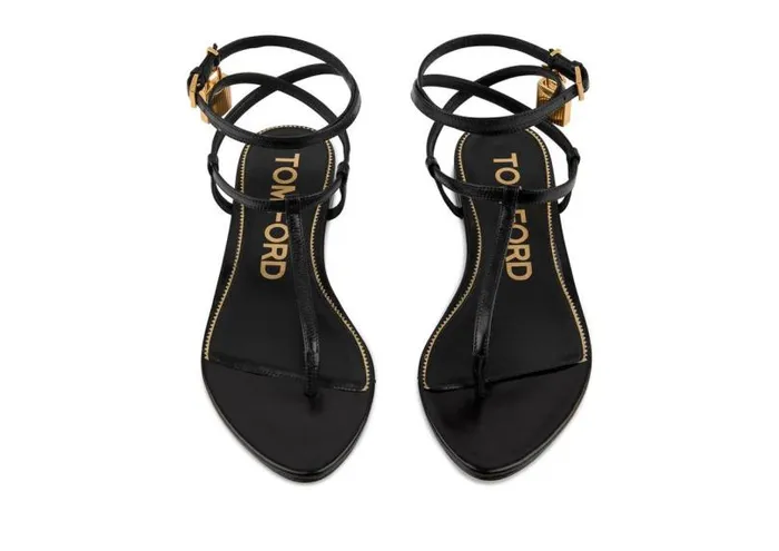 Women Flats Tom Ford Shiny Leather Padlock Thong Sandal Black