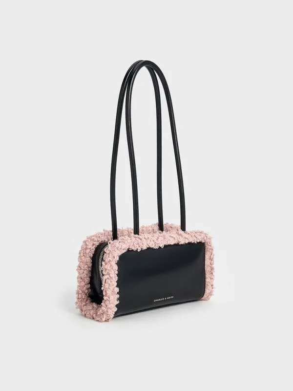 Women FurTrim ElongatedHandle Shoulder Bag 8211 Pink CHARLES and KEITH Shoulder Bags