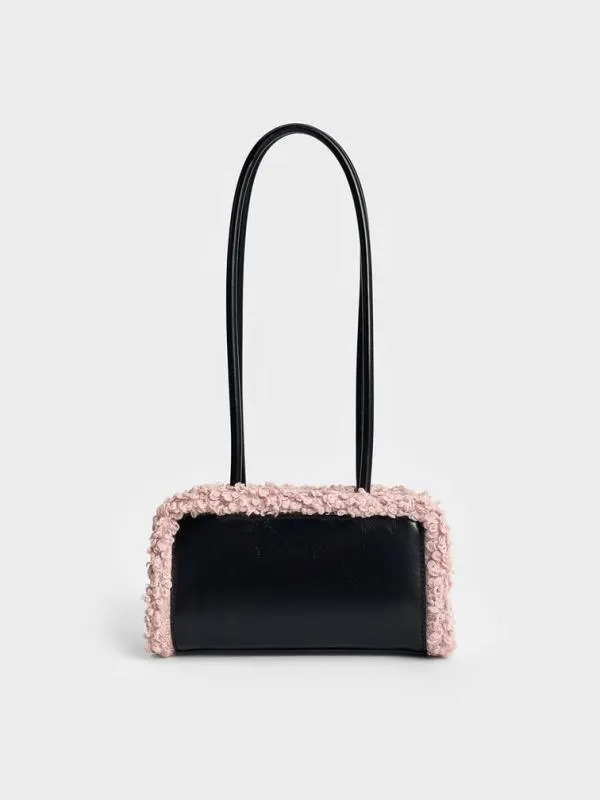 Women FurTrim ElongatedHandle Shoulder Bag 8211 Pink CHARLES and KEITH Shoulder Bags