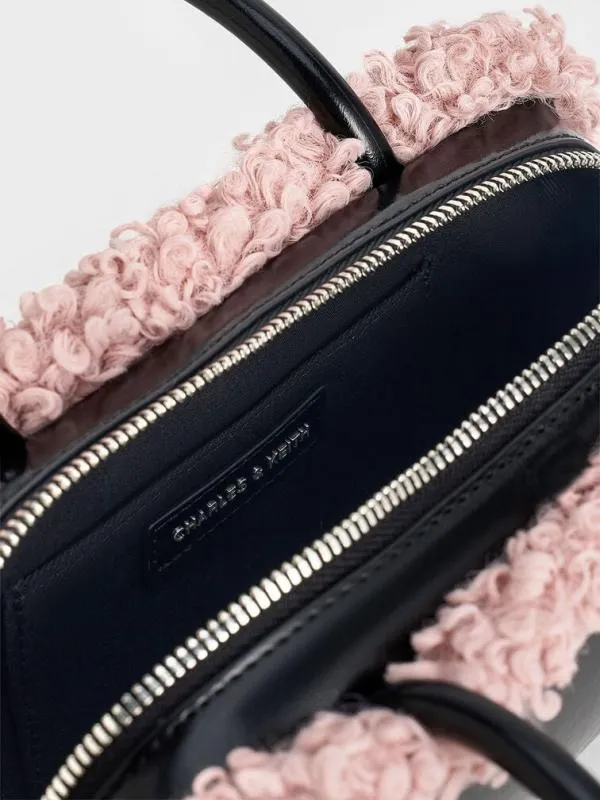 Women FurTrim ElongatedHandle Shoulder Bag 8211 Pink CHARLES and KEITH Shoulder Bags