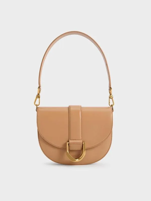 Women Gabine Leather Saddle Bag 8211 Toffee CHARLES and KEITH Crossbody Bags