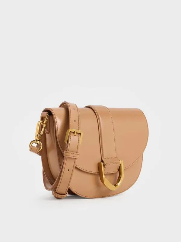 Women Gabine Leather Saddle Bag 8211 Toffee CHARLES and KEITH Crossbody Bags