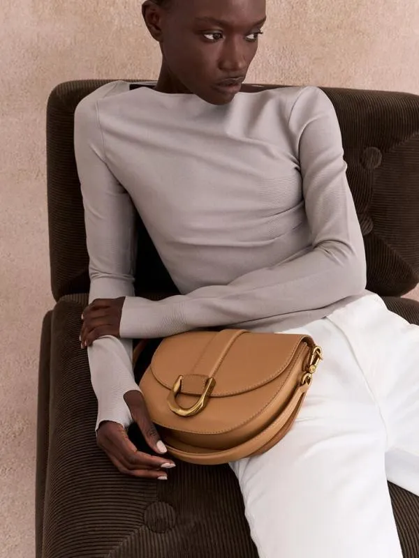 Women Gabine Leather Saddle Bag 8211 Toffee CHARLES and KEITH Crossbody Bags