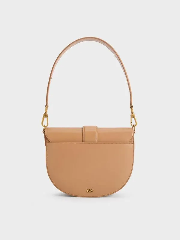 Women Gabine Leather Saddle Bag 8211 Toffee CHARLES and KEITH Crossbody Bags