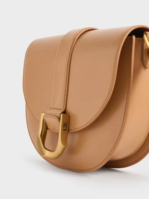 Women Gabine Leather Saddle Bag 8211 Toffee CHARLES and KEITH Crossbody Bags