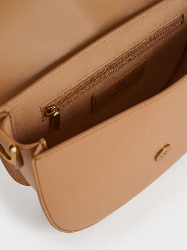 Women Gabine Leather Saddle Bag 8211 Toffee CHARLES and KEITH Crossbody Bags