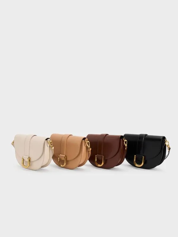 Women Gabine Leather Saddle Bag 8211 Toffee CHARLES and KEITH Crossbody Bags