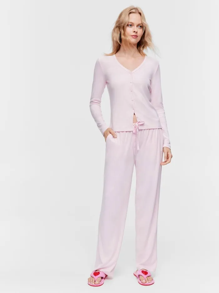 Women Heart Pointelle Long Wide Leg Pj Pant Pink Peter Alexander Pants
