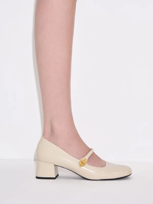 Women Hettie Patent MetallicBuckle BlockHeel Mary Janes 8211 Chalk CHARLES and KEITH Heels