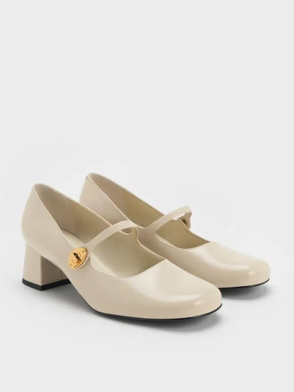 Women Hettie Patent MetallicBuckle BlockHeel Mary Janes 8211 Chalk CHARLES and KEITH Heels