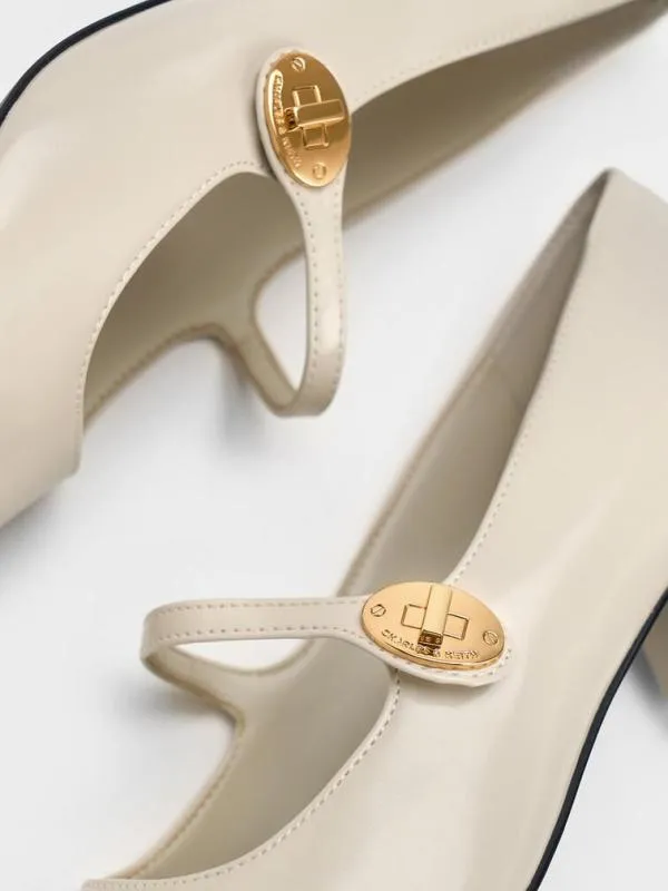 Women Hettie Patent MetallicBuckle BlockHeel Mary Janes 8211 Chalk CHARLES and KEITH Heels