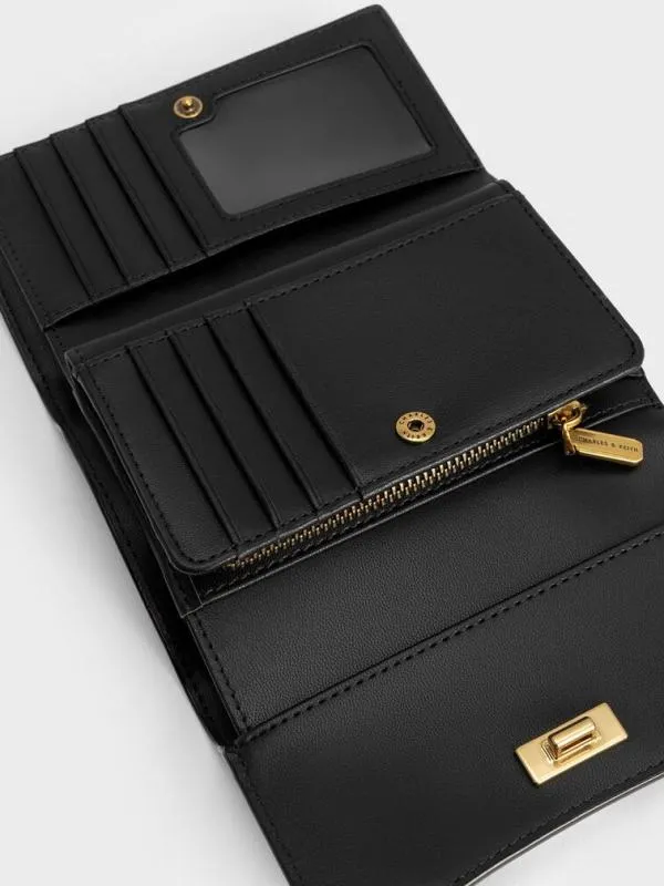 Women Huxley Metallic Accent Front Flap Wallet 8211 Black CHARLES and KEITH Small Wallets