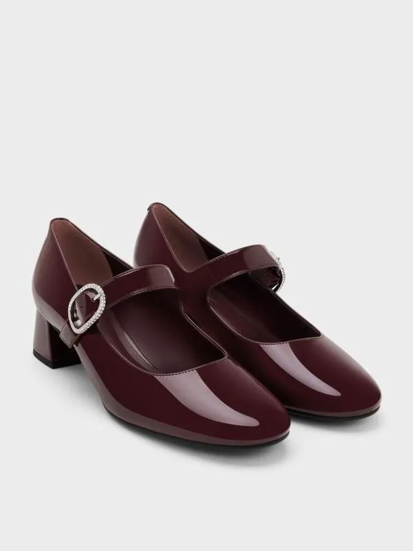 Women Jannie Patent CrystalBuckle Mary Jane Pumps 8211 Burgundy CHARLES and KEITH Heels