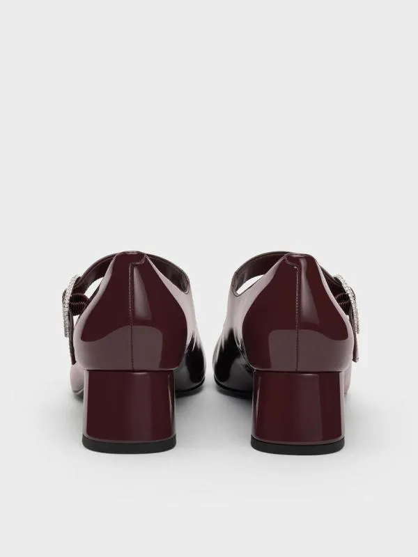 Women Jannie Patent CrystalBuckle Mary Jane Pumps 8211 Burgundy CHARLES and KEITH Heels