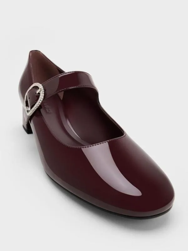 Women Jannie Patent CrystalBuckle Mary Jane Pumps 8211 Burgundy CHARLES and KEITH Heels