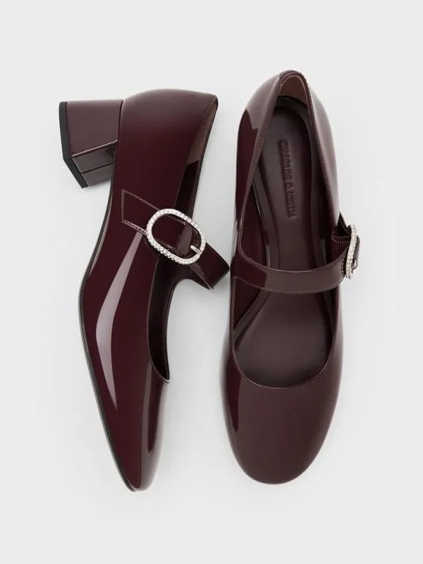 Women Jannie Patent CrystalBuckle Mary Jane Pumps 8211 Burgundy CHARLES and KEITH Heels
