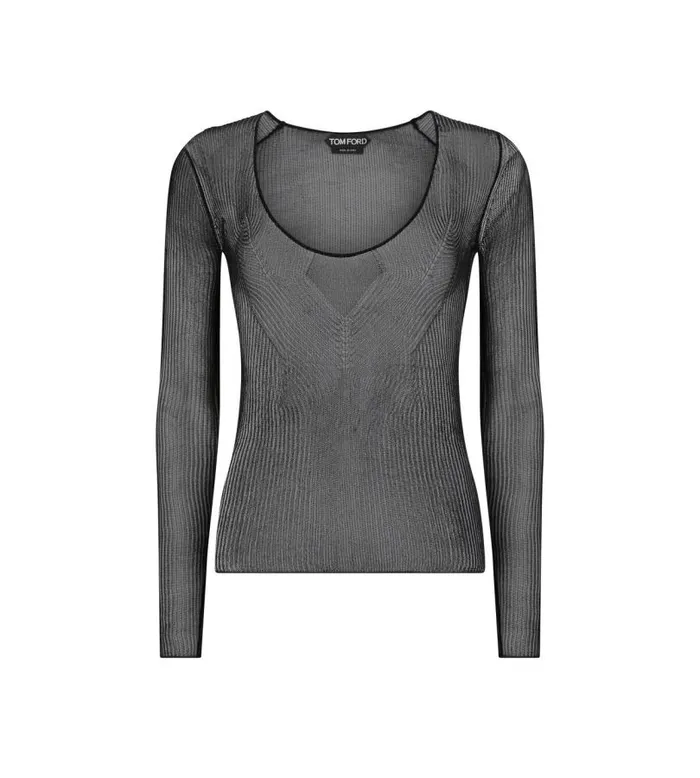 Women Knitwear Tom Ford Fine Silk Rib Wide Crewneck Top Black