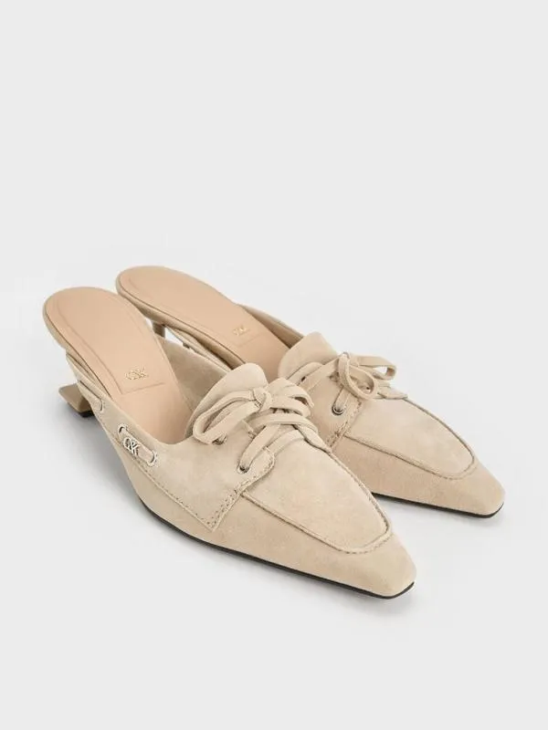 Women Kori Suede LaceUp SculpturalHeel Mules 8211 Beige CHARLES and KEITH Heels