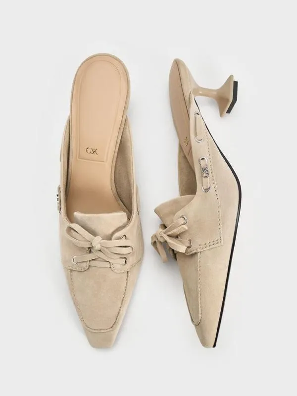 Women Kori Suede LaceUp SculpturalHeel Mules 8211 Beige CHARLES and KEITH Heels