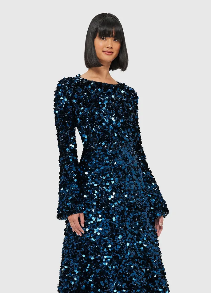 Women Kylie Sequin Open Back Maxi Dress 8211 Midnight Blue Dresses and Jumpsuits LEO LIN