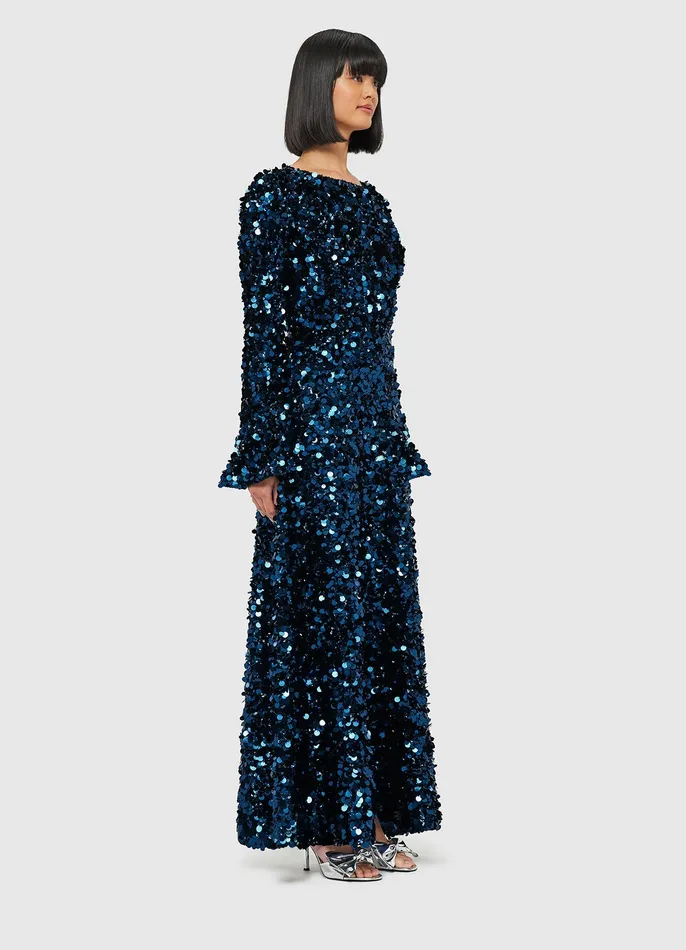 Women Kylie Sequin Open Back Maxi Dress 8211 Midnight Blue Dresses and Jumpsuits LEO LIN