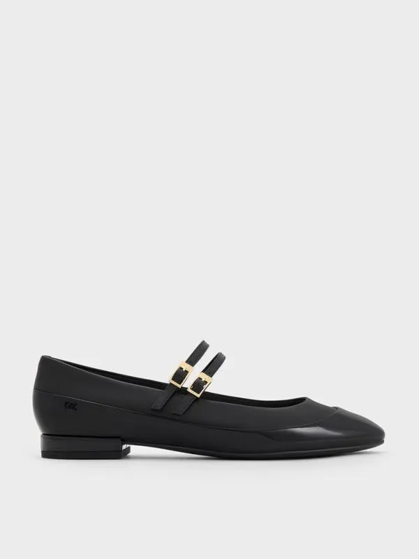 Women Leather and Patent DoubleStrap Mary Jane Flats 8211 Black CHARLES and KEITH Flats
