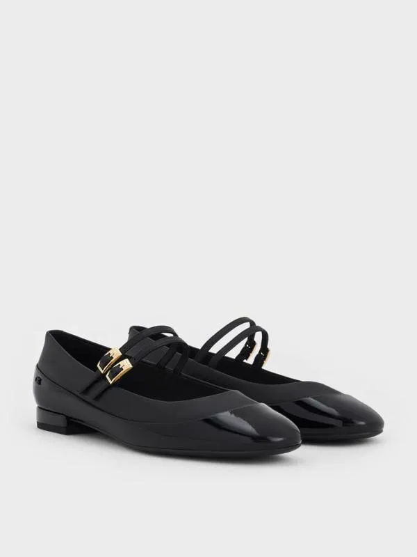 Women Leather and Patent DoubleStrap Mary Jane Flats 8211 Black CHARLES and KEITH Flats