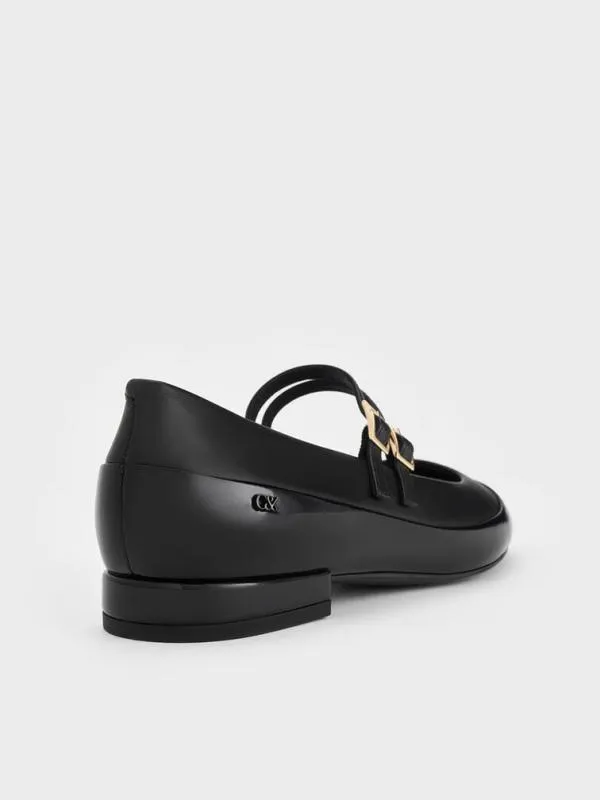 Women Leather and Patent DoubleStrap Mary Jane Flats 8211 Black CHARLES and KEITH Flats