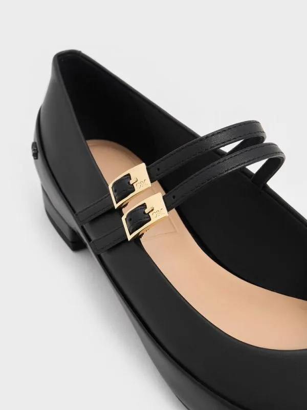 Women Leather and Patent DoubleStrap Mary Jane Flats 8211 Black CHARLES and KEITH Flats