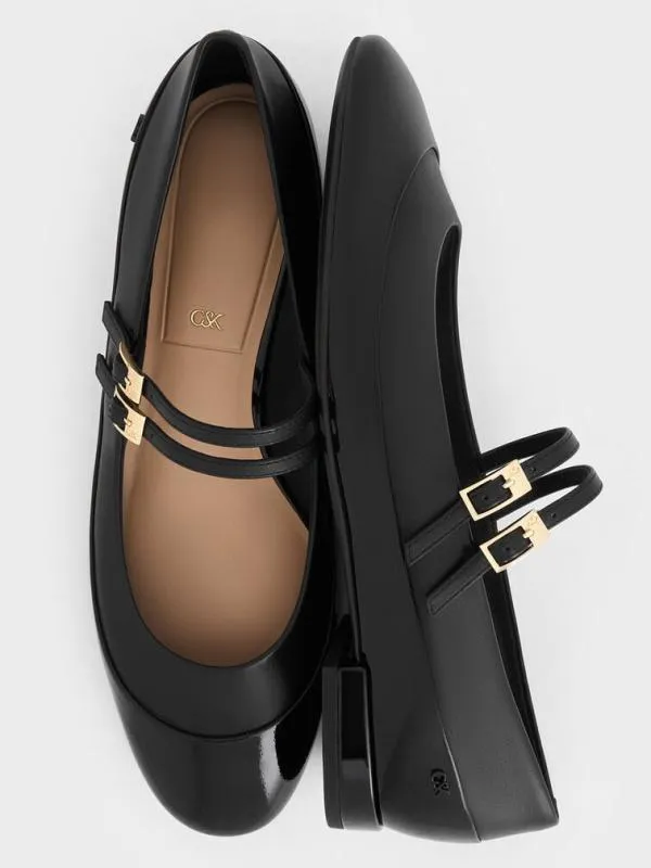 Women Leather and Patent DoubleStrap Mary Jane Flats 8211 Black CHARLES and KEITH Flats