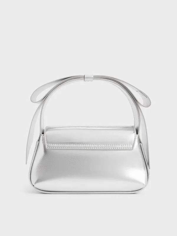 Women Leather Metallic Bow TopHandle Bag 8211 Silver CHARLES and KEITH Top Handle Bags