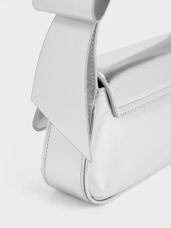 Women Leather Metallic Bow TopHandle Bag 8211 Silver CHARLES and KEITH Top Handle Bags