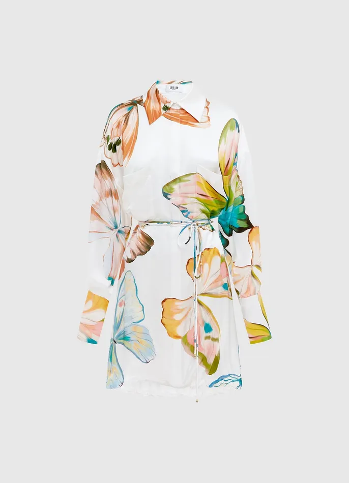Women LEO LIN Elysia Shirt Mini Dress 8211 Papillon Print in White Dresses and Jumpsuits