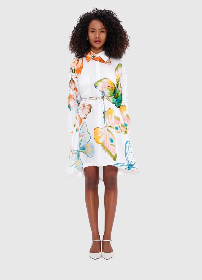 Women LEO LIN Elysia Shirt Mini Dress 8211 Papillon Print in White Dresses and Jumpsuits