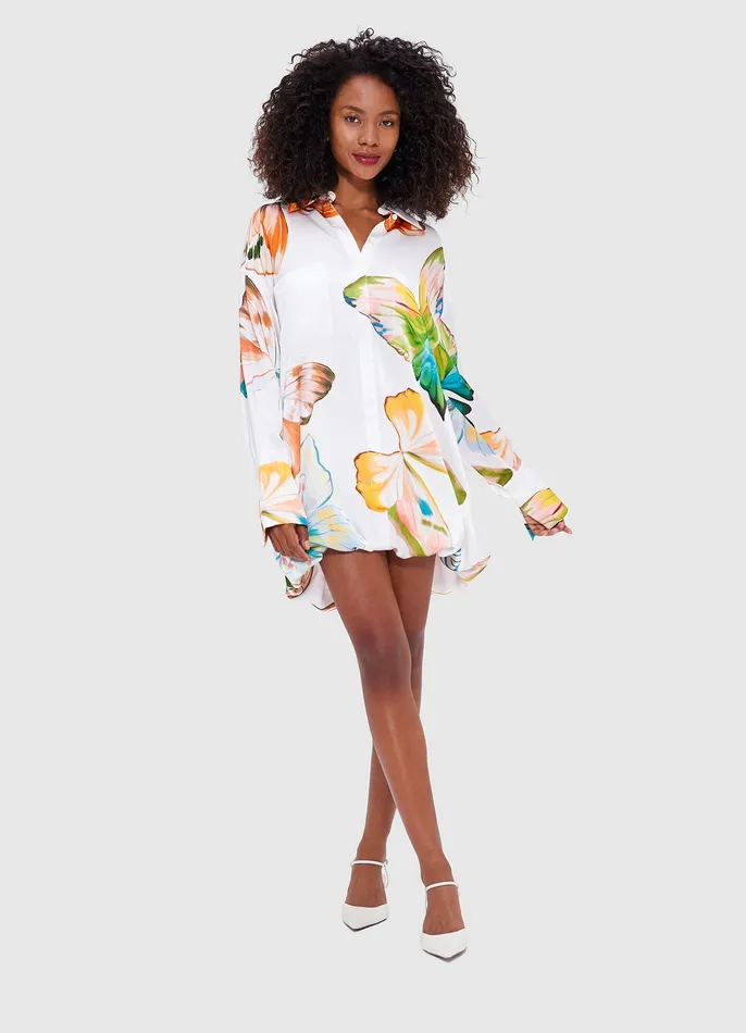 Women LEO LIN Elysia Shirt Mini Dress 8211 Papillon Print in White Dresses and Jumpsuits