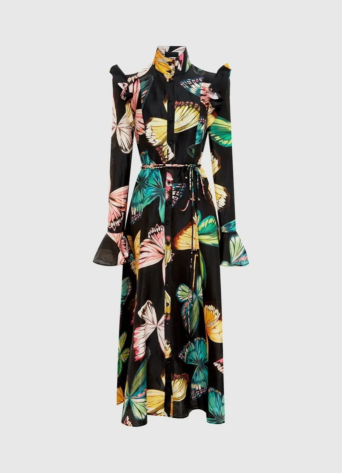 Women LEO LIN Katrina Butterfly Sleeve Midi Dress 8211 Papillon Print in Black Dresses and Jumpsuits