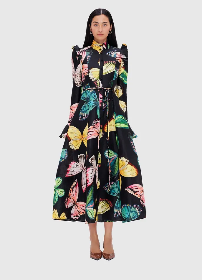 Women LEO LIN Katrina Butterfly Sleeve Midi Dress 8211 Papillon Print in Black Dresses and Jumpsuits